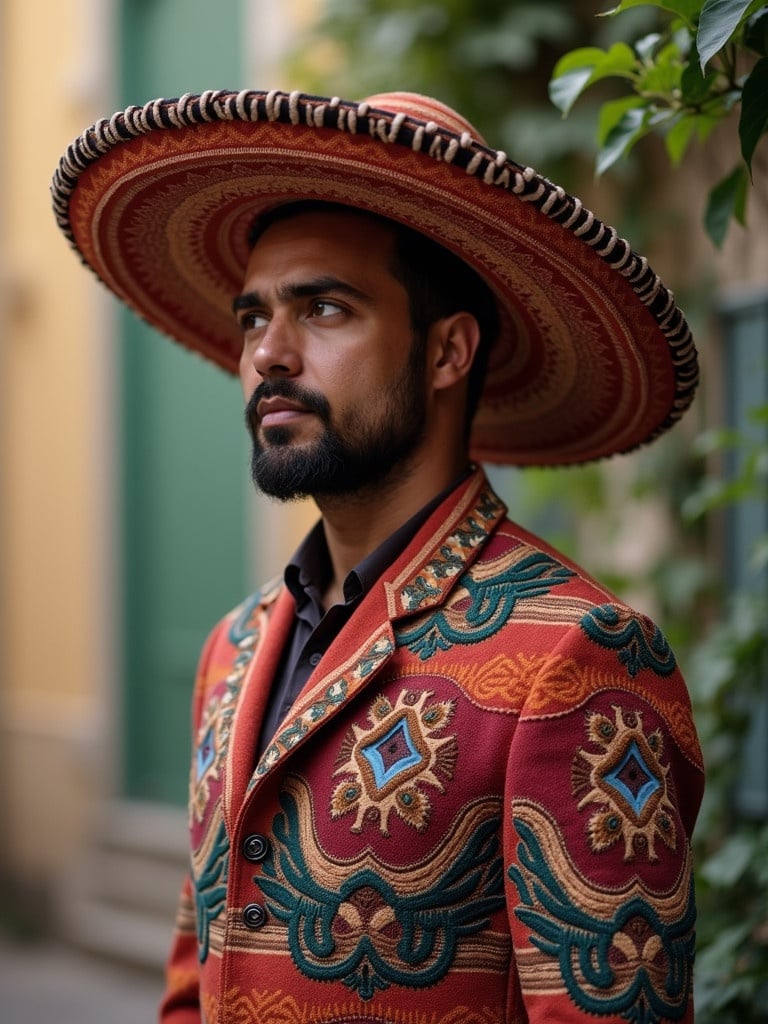 A man wearing a traditional sombrero exhibits vibrant design. The man wears a colorful jacket with intricate patterns. The background suggests a cultural setting.