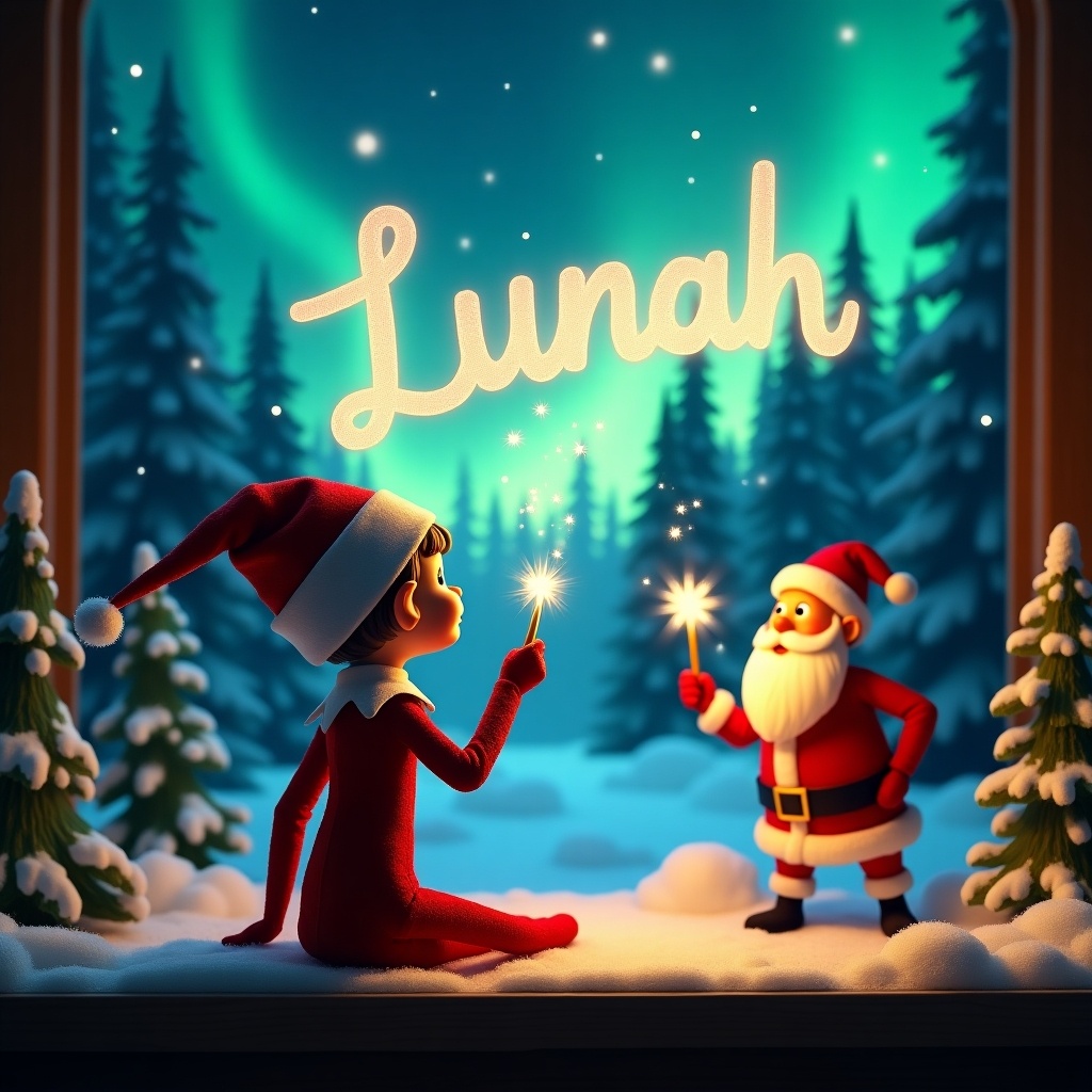 An enchanting Christmas scene featuring an elf on the shelf. The elf is positioned with its back to the viewer, gazing up at the night sky. It is using a magic wand to write the name 'Lunah' in sparkling letters. In the background, the Northern Lights illuminate a snowy forest filled with tall evergreen trees. Santa Claus is nearby, also using a wand, adding to the magical atmosphere. The entire scene embodies warmth and holiday magic, perfect for a festive backdrop.