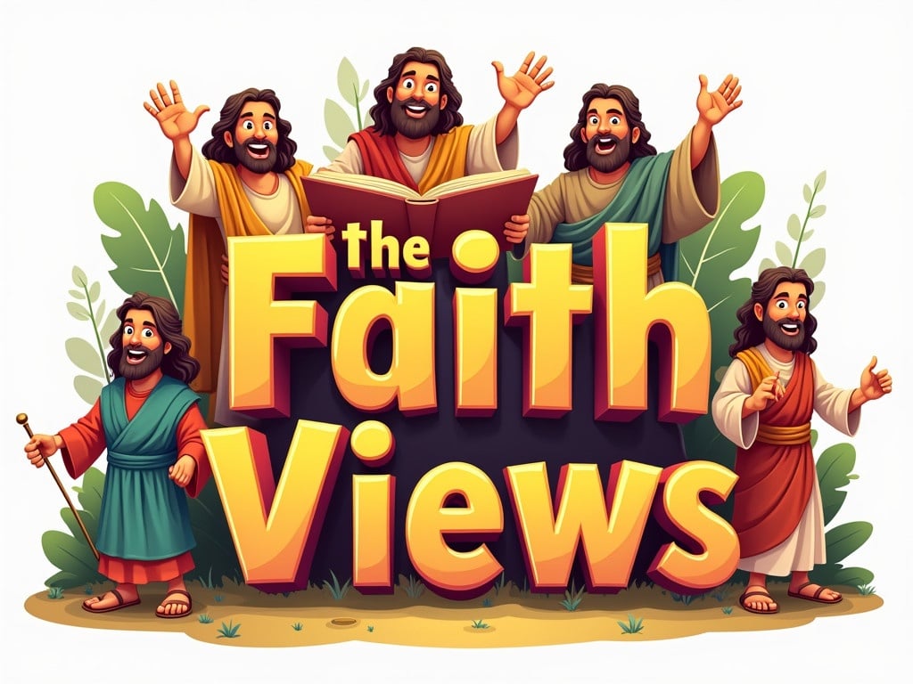 Create a logo for a YouTube channel titled 'The Faith Views'. Include cartoon characters inspired by the Bible. Use vibrant colors and a playful design. Position the text prominently for visibility.