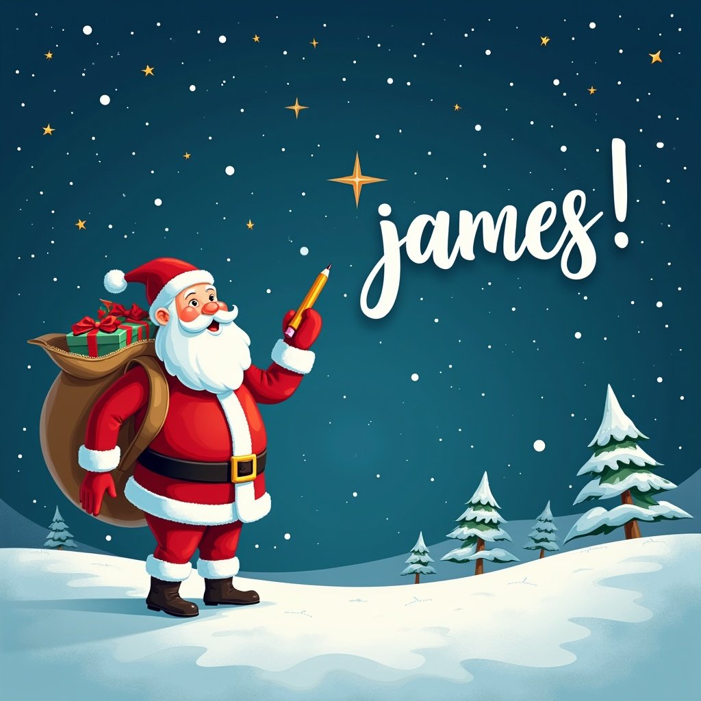 Magical winter scene with Santa Claus on snowy hill. Santa wears traditional red and white suit. He holds pencil looking up to write names. Large sack of gifts on his back. Bright night sky with twinkling stars. Phrase 'james!' in whimsical font.