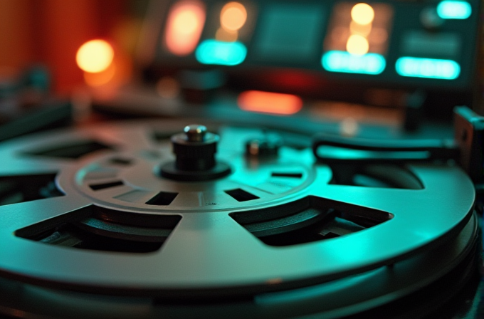 A close-up of a vintage reel-to-reel tape recorder with a soft glow of colorful lights in the background.