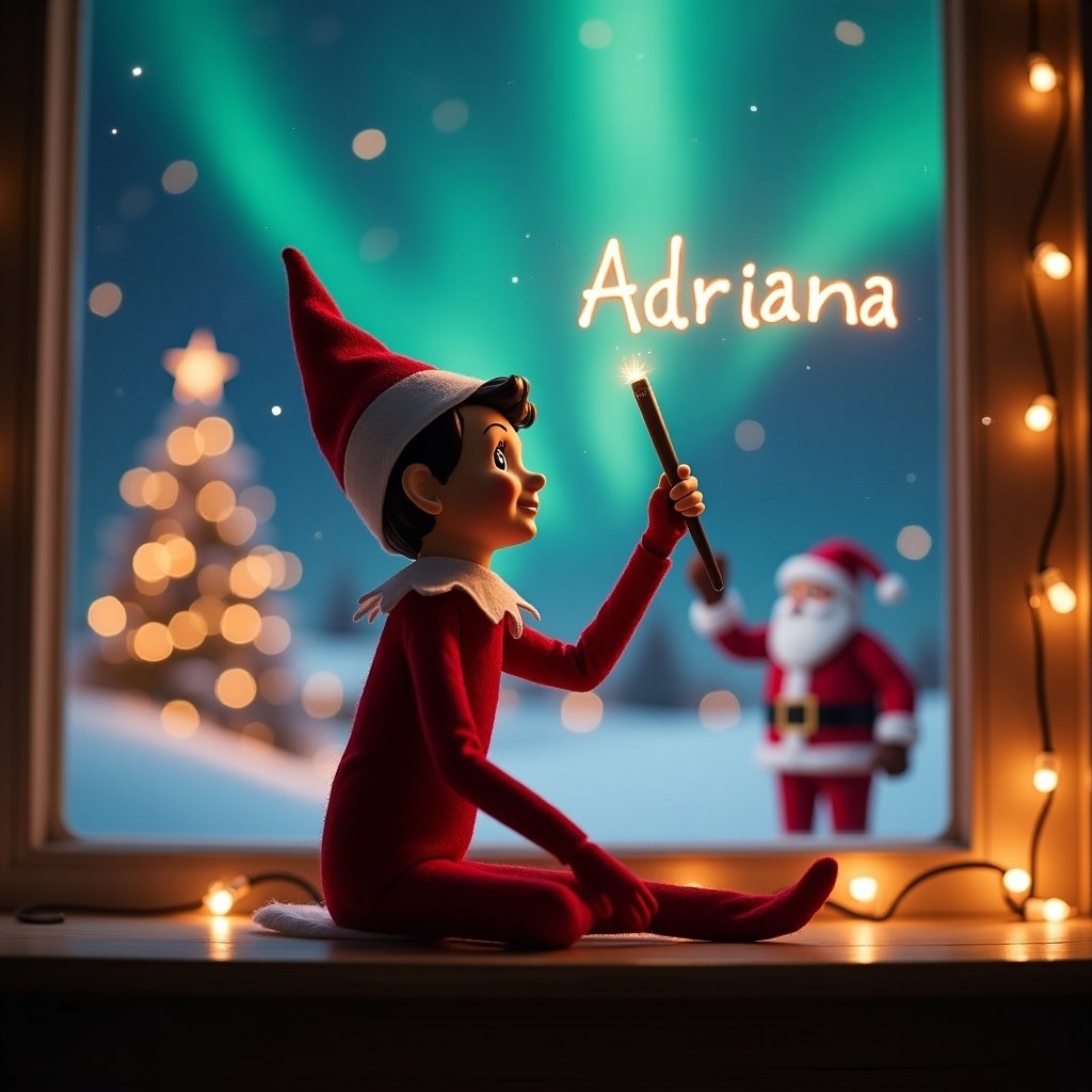 Elf on the shelf sits with back to viewer. Elf gazes up and writes name 'Adriana' using a magic wand. Background features northern lights and Santa Claus in distance. Warm holiday lights enhance magical scene. Elf expresses excitement and wonder.