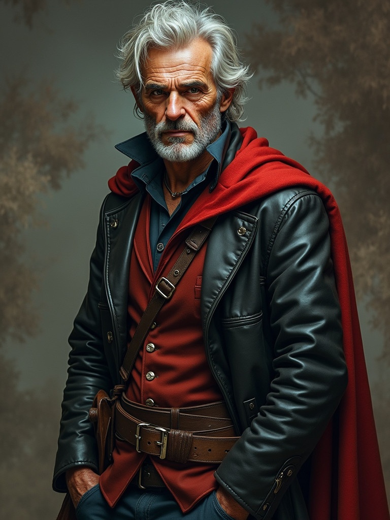 Image features a rogue trader. Character appears scruffy. Wears a leather coat and scarlet cape. Displaying confidence. The mood is dramatic with deep colors.