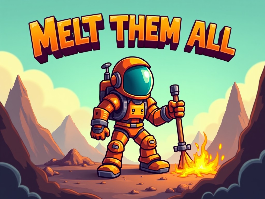 A cartoon image of an astronaut in orange suit with a visor and a tool, standing on a rocky terrain with fire, under the text 'Melt Them All'.