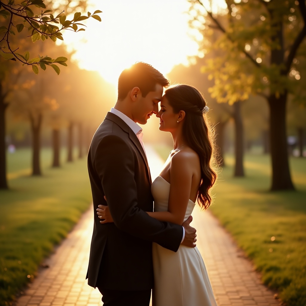 Full-body portrait of a romantic couple in a serene outdoor setting during sunset.