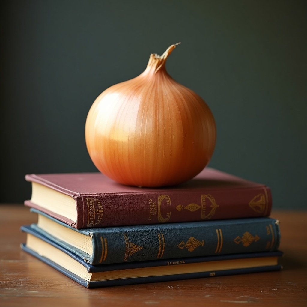 An onion atop a stack of hardcover books symbolizes knowledge layers.