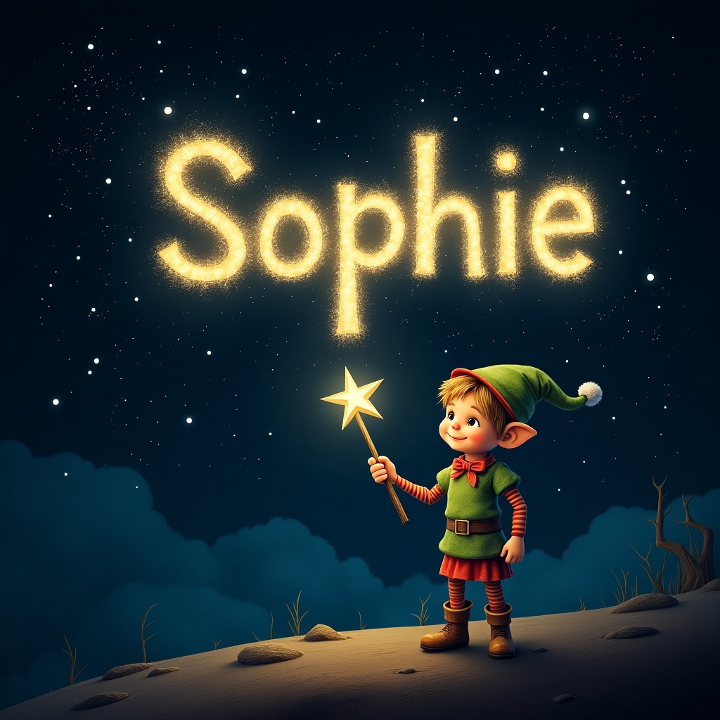 An elf holds a wand writing the name Sophie in sparkling text against a dark starry sky. The scene is imbued with magic and whimsy, depicting a fantasy world.