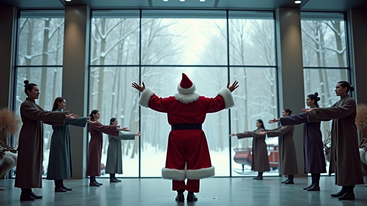 Cinematic image of Santa Claus celebrating with open arms. Diverse people practicing Tai Chi in different postures around him. Snowy woods visible through openings. Sleigh with reindeer parked. Wide shot shows Santa surrounded by people.