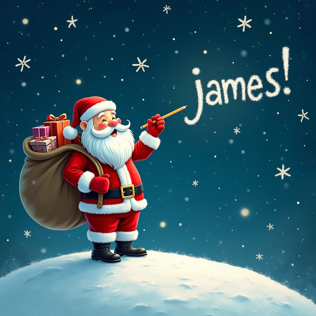 Magical winter scene with Santa Claus on snowy hill under starry sky. Santa writes children's names in the sky using pencil. He has a sack of gifts on back. Night is bright with twinkling stars. The phrase 'james!' appears in whimsical font.