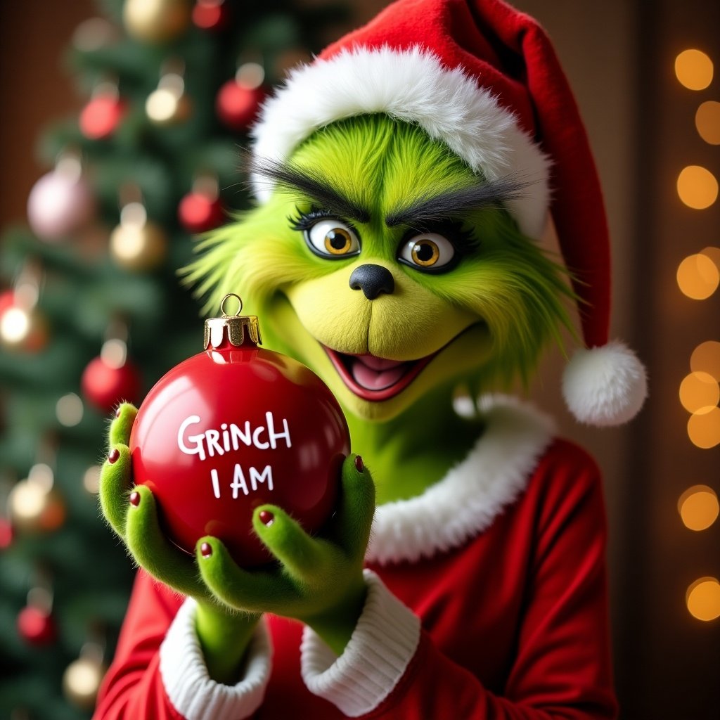 Female Grinch holds red ornament. Ornament reads Grinch I Am. Christmas tree in background. Bright and colorful setting. Grinch wears Santa hat.