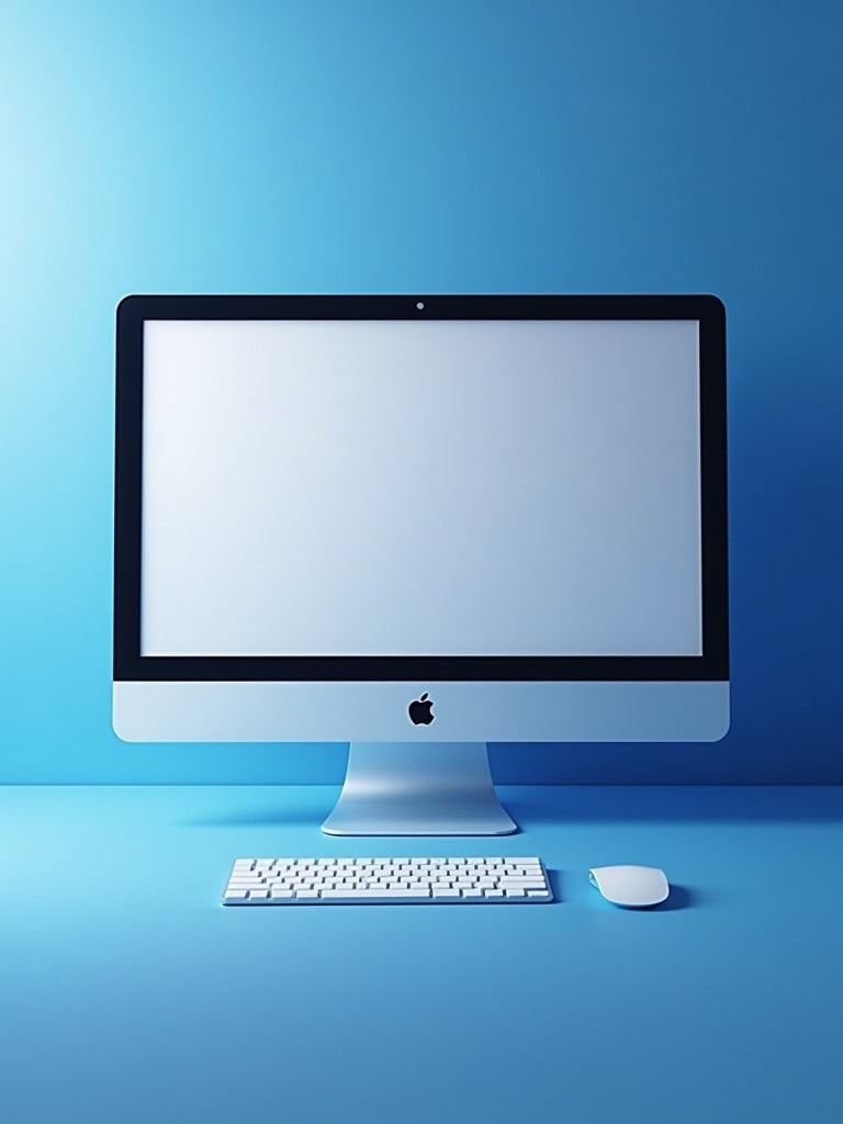 Minimalist computer display with an empty screen. Modern design emphasizing technology. Predominant color scheme includes blue, white, and black. Clean background gives a professional vibe.