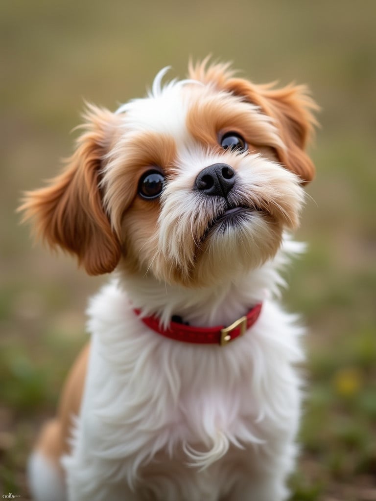 A cute dog tilts its head. The dog has brown and white fur. It has a red collar. The background is softly blurred with green grass.