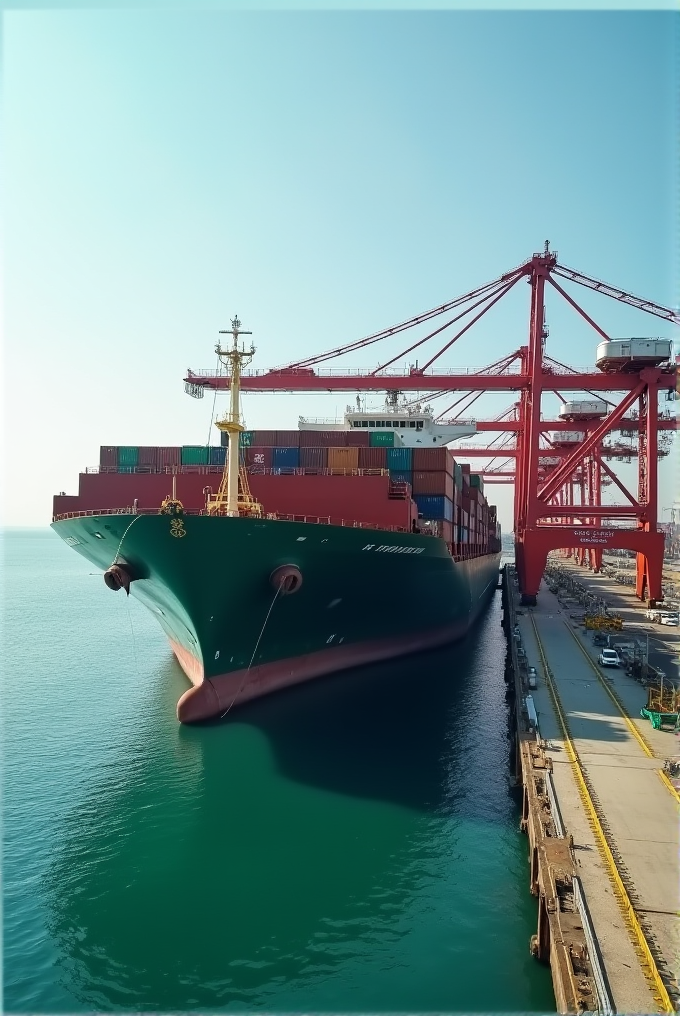 A large cargo ship, loaded with colorful containers, is docked next to a port with towering red cranes.