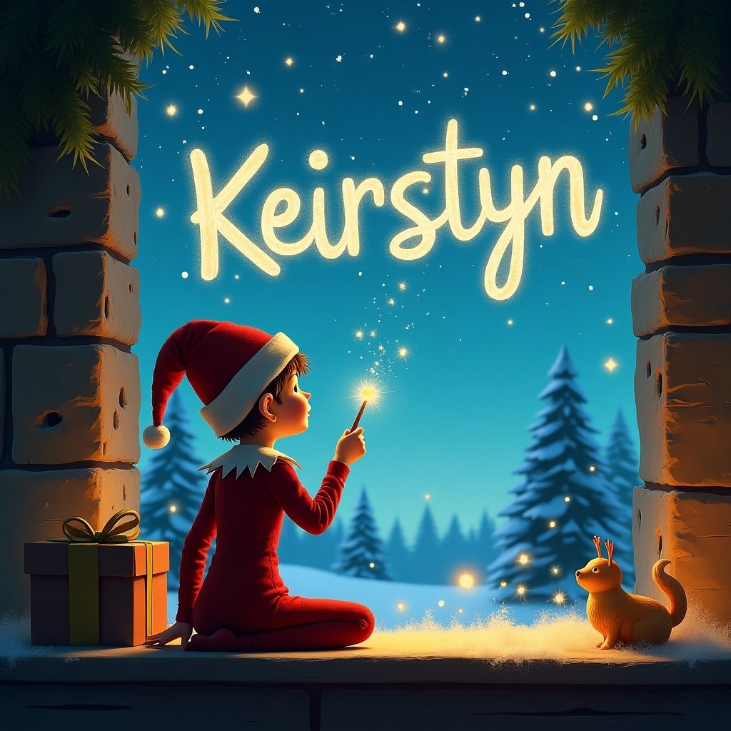 An enchanting Christmas scene features an elf on the shelf, dressed in festive colors. The elf is engaging playfully with the magic wand, creating sparkles in the night sky. Above, the name 'Keirstyn' glows brightly in golden light. The background is filled with snow-covered trees and a soft, warm light emanates from a nearby window with a gift beside it. A little orange cat watches curiously, adding charm to the cozy holiday atmosphere.