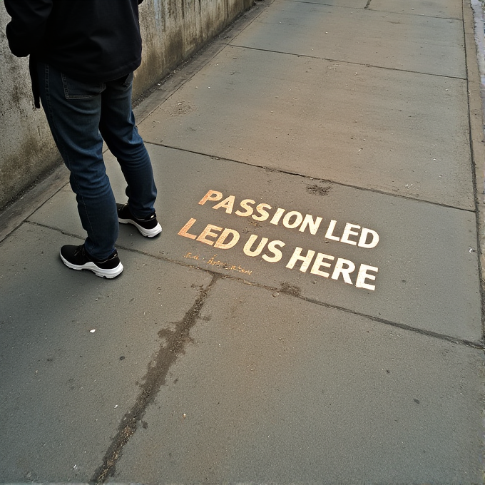 A person stands on a sidewalk with the words 'PASSION LED US HERE' written on it.