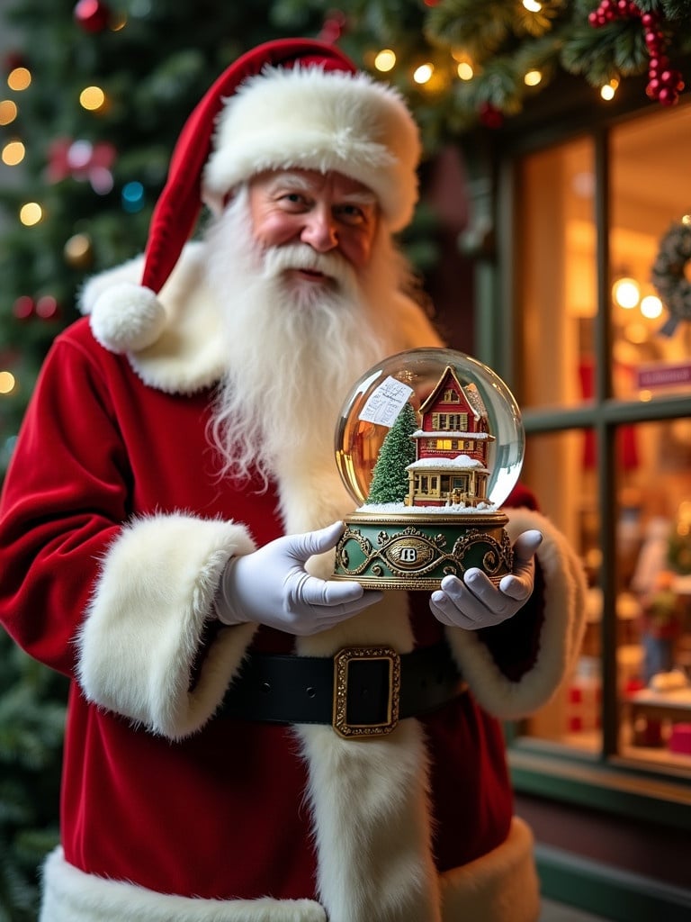 Christmas scene features Santa in red and white suit holding a snow globe. Snow globe contains the name 'Buon Natale da Bentley Padova'. Background shows a toy shop with festive decorations and glowing lights.