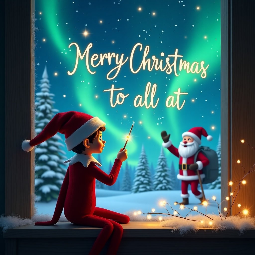 Elf character in festive attire facing the sky with a wand. Magical Christmas scene featuring Northern Lights. Santa is present. Text in the sky reads Merry Christmas to all at The Children’s House.