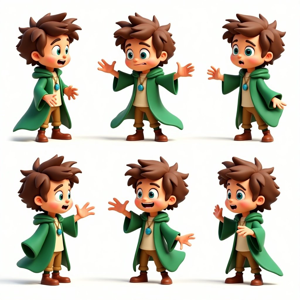 This image showcases a 3D cartoon character of a 10-year-old boy with wavy brown hair and bright green eyes. The character wears green mage robes with a sapphire pendant. He is depicted in various poses showing emotions like joy and sadness. Lighting is bright, and poses capture movement. Bright colors enhance the fun aspect of the design.