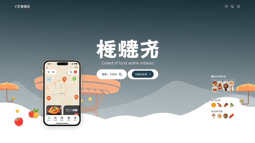 A stylized webpage features a smartphone displaying a map with food locations, surrounded by tomatoes and digital icons, against a gradient sky.