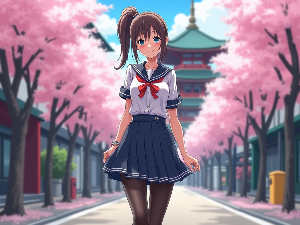 An anime-style illustration featuring a young girl walking down a tranquil street lined with vibrant cherry blossom trees. She wears a traditional Japanese school uniform, and her expression is cheerful and content. The background includes a pagoda, enhancing the cultural depth and serene ambiance of the scene.