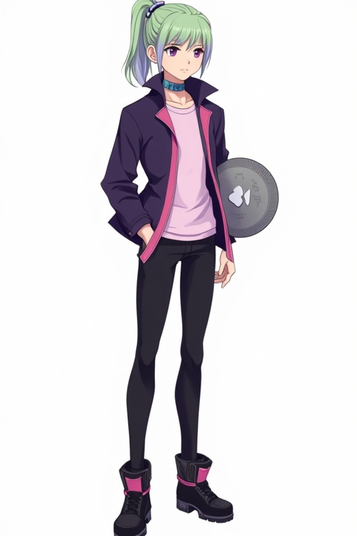 A slender young male character with long light green hair styled in a ponytail and braid. He has purple eyes and a gentle expression. The outfit consists of a dark purple jacket over a pink top, silver heart choker with blue strap, black leggings with pink trim, and stylish black and pink heeled boots. A custom Chaos Duel Disk is featured. The character has a delicate and feminine build. Full body representation in an anime style.