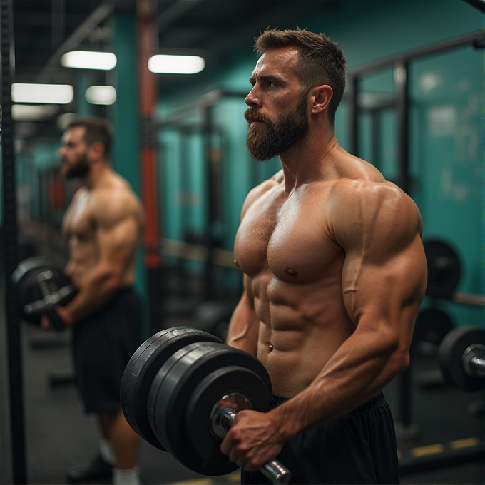 A muscular man lifting dumbbells in a gym, showcasing his physique in front of a mirror.