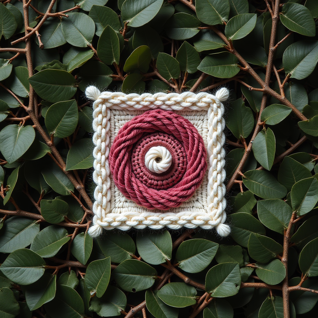 A square, woven spiral sits on a background of green leaves.