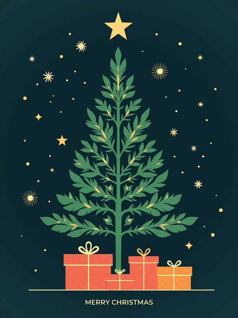 Christmas card design features minimalist tree. Geometric shapes in green with gold accents. Deep navy blue background has stars and snowflakes. Wrapped presents beneath the tree. Bold letters say Merry Christmas.