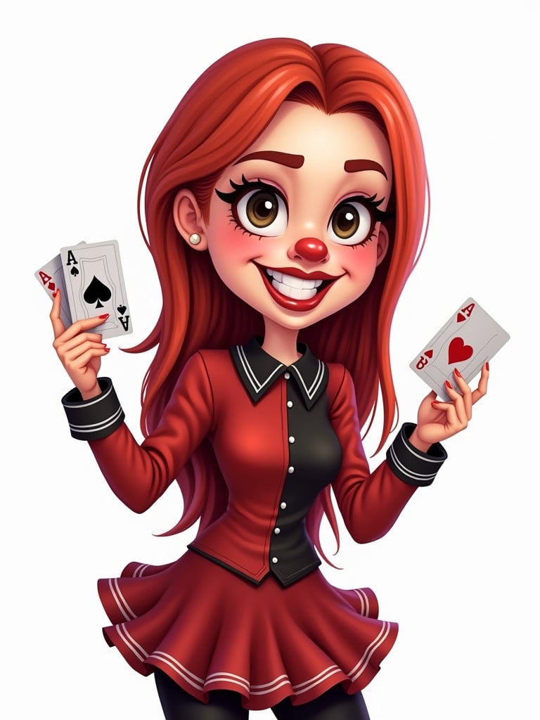 A cartoon-style caricature female clown character holds playing cards. She has prominent cheekbones and long straight cherry red hair. She wears a red and black clown shirt and skirt. The background is plain white. The tone is cheerful and playful.