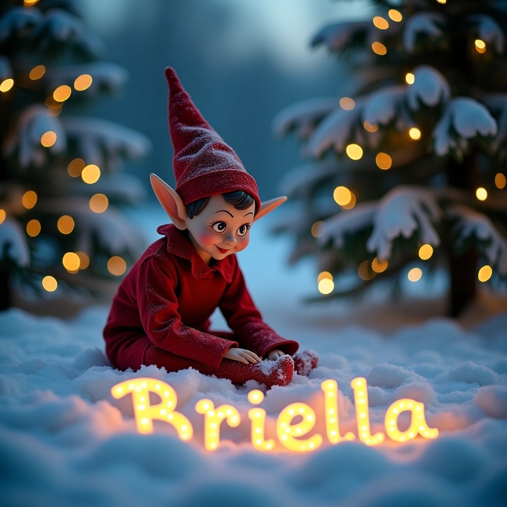 Whimsical scene features elf in red outfit sitting in snow. Elf writes name 'Briella' with glowing lights. Surrounded by evergreen trees with fairy lights. Magical winter atmosphere with twilight glow. Evokes joy and celebration.