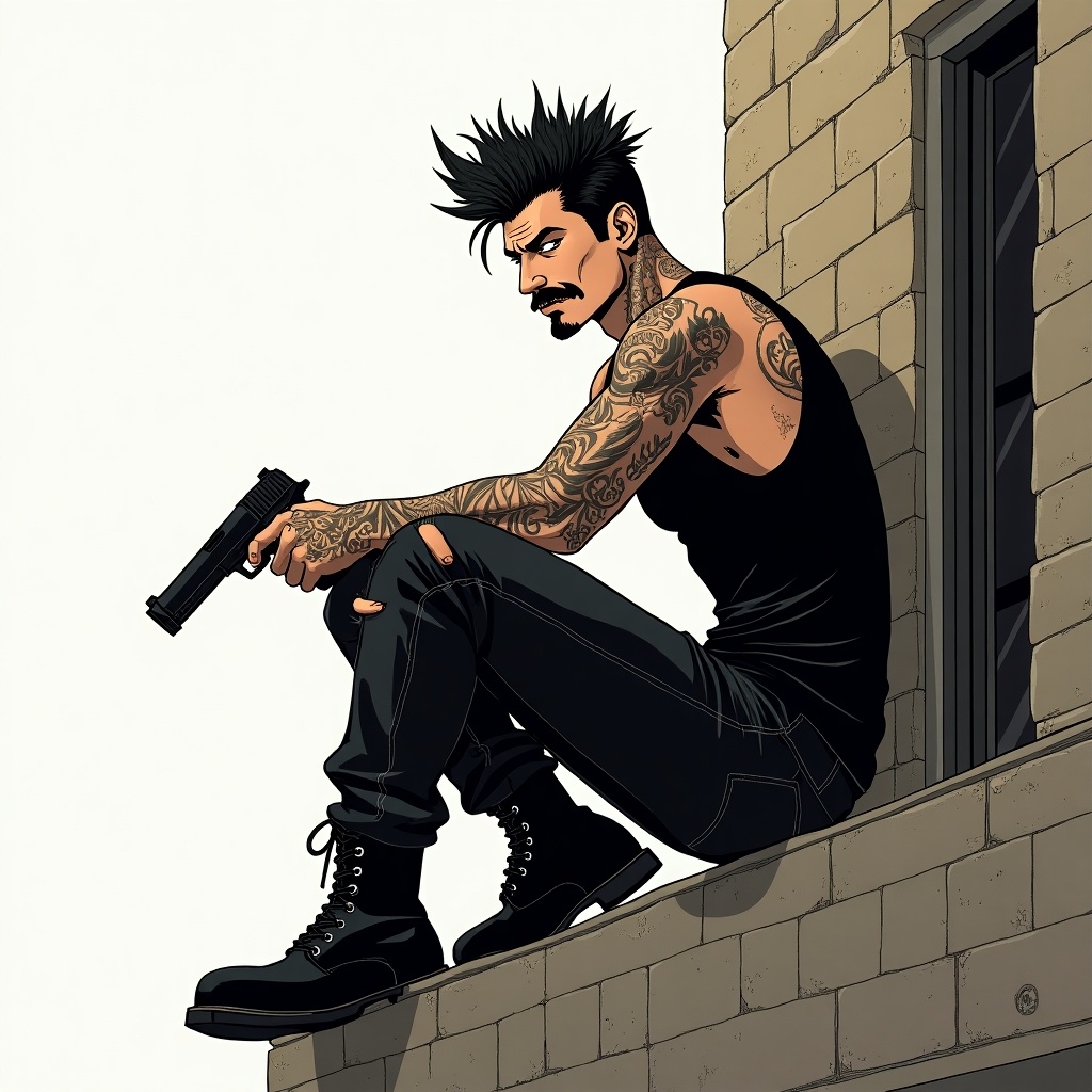 Anime-style drawing of a male antihero character. Character has a high and tight haircut with stubble and mustache. Tattoos cover his neck and arms. Dressed in a black tank top and ripped black jeans with combat boots. Sits on a building ledge holding a pistol. Edgy atmosphere reflects a rebellious nature.