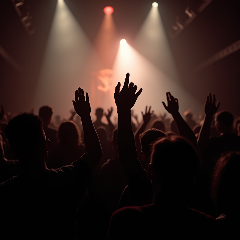 Silhouetted crowd with raised hands under colorful stage lights at a concert.