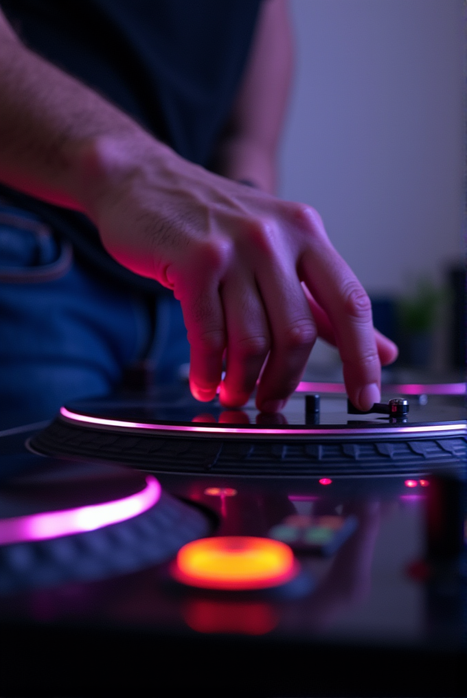 A DJ's hand skillfully manipulates a turntable, set aglow with vibrant purple and orange lights in a dimly lit setting.