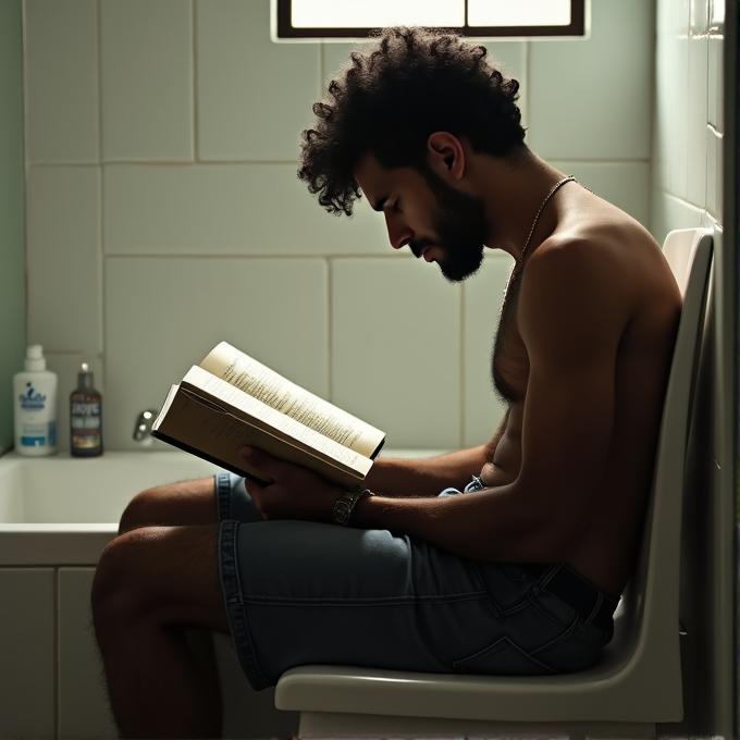 A man sits reading a book in a relaxed, quiet setting.