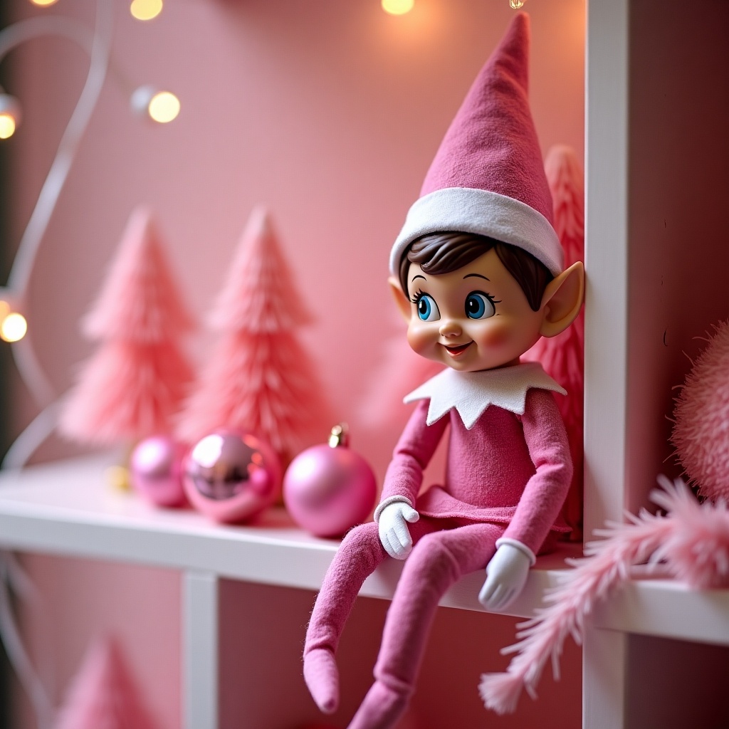 Pink elf doll with big eyes and pointed hat. Sitting on a white shelf. Surrounded by pink Christmas trees and ornaments. Soft ambient light creates cozy atmosphere.