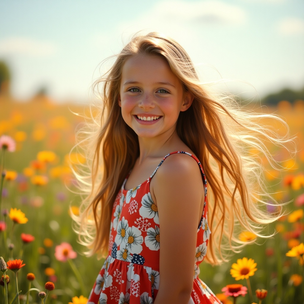 A joyful girl stands in a vibrant flower field, beaming with happiness. She has long hair blowing gently in the breeze, and she's wearing a colorful floral dress. The background is filled with various flowers in full bloom under a bright, sunny sky. This scene evokes a sense of summer bliss and carefree childhood moments. The composition captures the essence of joy and natural beauty surrounded by colorful blooms.