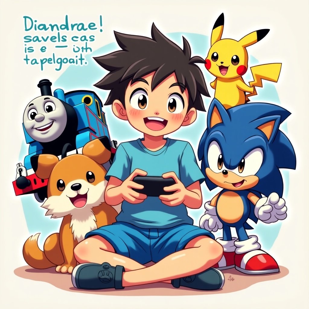 A happy boy named Diandrae plays video games. He has blue shorts and a blue t-shirt. Beside him are Sonic, Pikachu, and Thomas the Train. The style is anime-like, showcasing friendship and adventure.