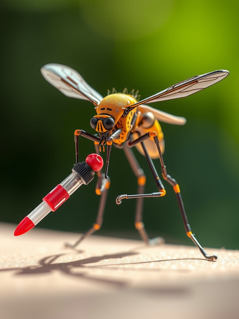 This striking digital illustration depicts a robotic mosquito holding a miniature test tube filled with red liquid, against a vibrant green background. The mosquito's metallic body and articulated limbs highlight the fusion of nature and technology, giving the piece a futuristic feel. The composition creates an intriguing contrast between the organic form of a mosquito and the synthetic elements of machinery.