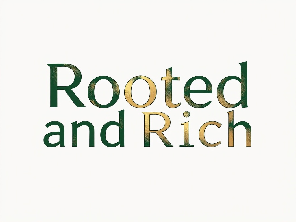 Design a sleek, font-only logo for 'Rooted and Rich.' The logo should convey confidence, professionalism, and elegance. Use a sophisticated and slightly bold serif or sans-serif typeface. Incorporate subtle variations in the lettering, such as a modern ligature or gradient effect. The text should be balanced and visually striking, suitable for a high-end financial education and consulting brand. Use deep green for 'Rooted' to symbolize growth and stability, and metallic gold for 'Rich' to evoke wealth and prosperity.