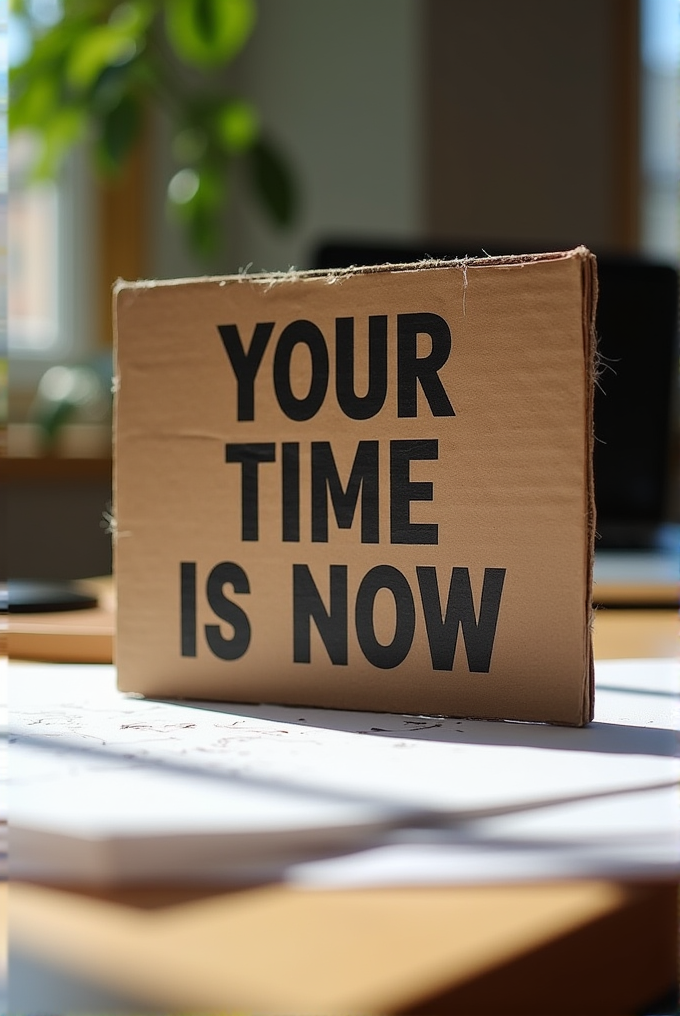 A cardboard sign on a desk displays the words 'Your Time is Now' in bold black letters.