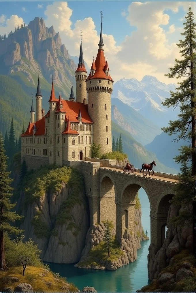 A majestic castle stands on a rocky cliff with a horse-drawn carriage crossing a stone bridge, set against a backdrop of towering mountains and a blue river.