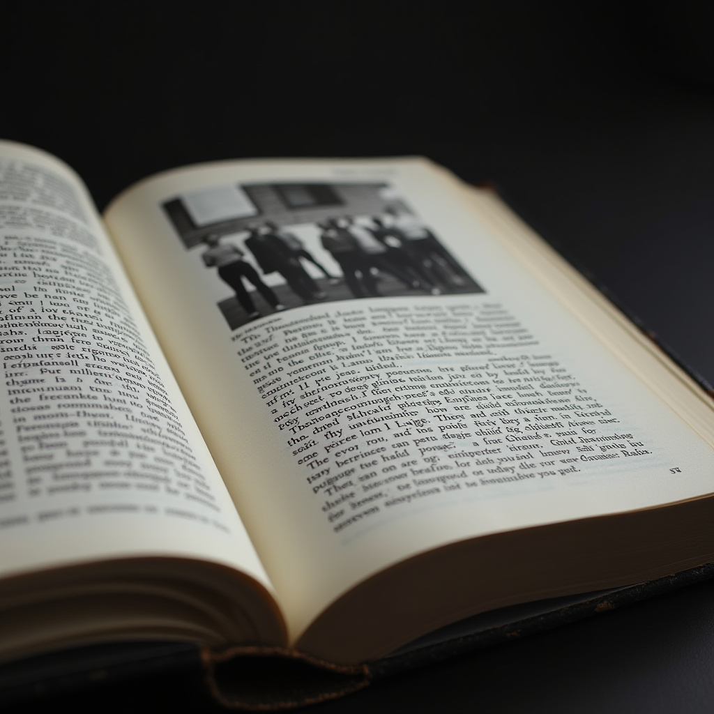 An open book displayed at an angle, featuring text and a blurred black-and-white photograph on one of its pages against a dark background.