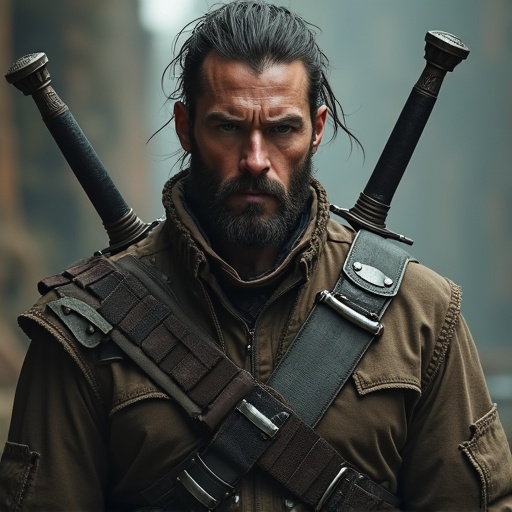 Man facing forward with two swords on his back. Wears a rugged, tactical outfit. Dark and muted colors depict a serious tone. Captivating presence suggests strength and readiness.