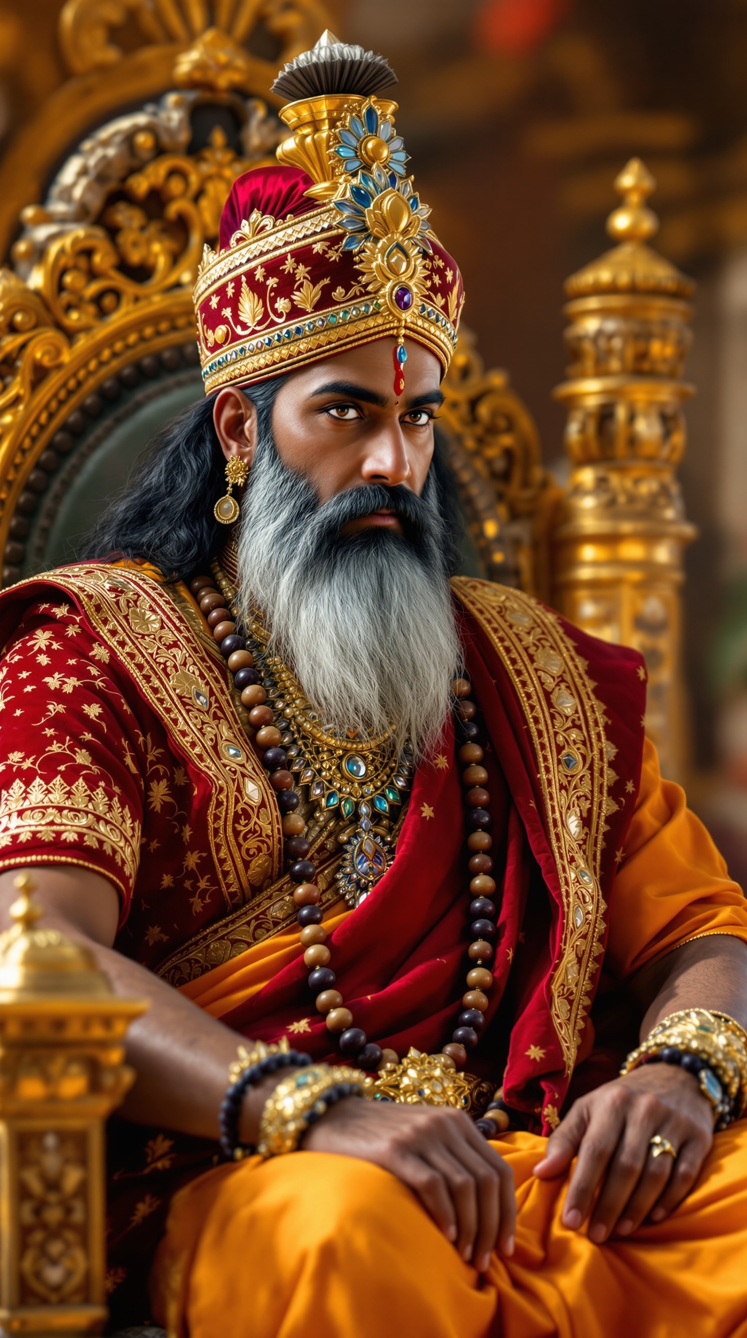 A very clear ultra-HD image of King Veerendra. A tall, strong-built Indian king with sharp features and deep brown eyes. Neatly trimmed beard. Wears a royal red and gold embroidered sherwani with a flowing velvet cape and a jeweled crown. Sits on his golden throne, listening intently to Maharsi Anand. A serene Indian sage with a long white beard. Deep-set eyes, calm demeanor, dressed in saffron robes. Holding a wooden staff with carvings. Wearing a rudraksha mala around his neck.