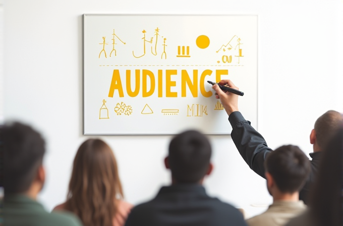 A person is drawing on a whiteboard with the word 'AUDIENCE' and various symbols, while several people observe.