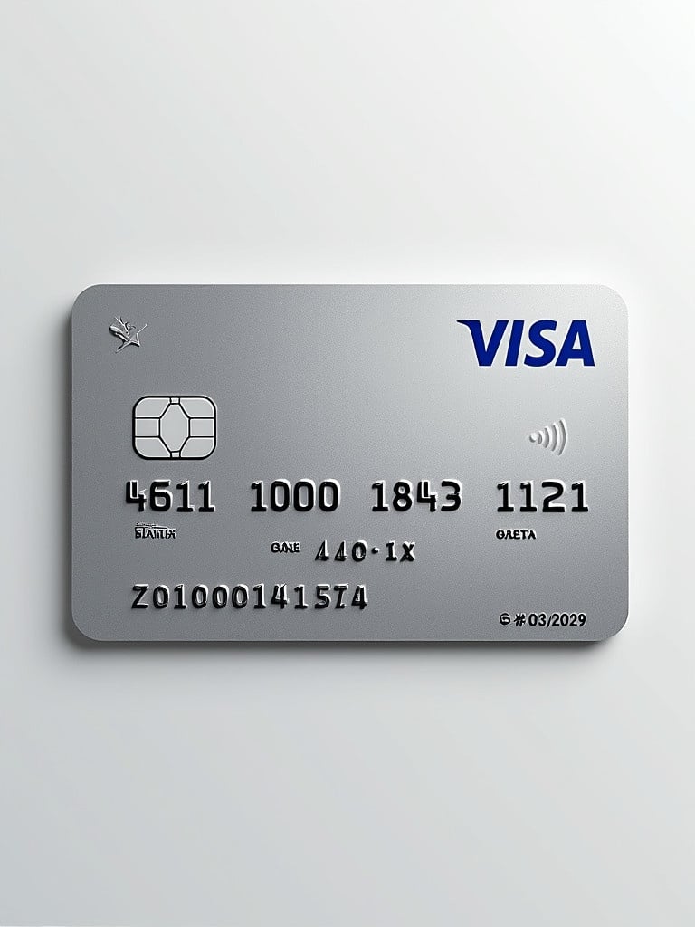 Realistic image of a credit card features Visa logo. Number displayed is clearly shown. Cardholder name appears well aligned. Expiry date indicated. Background is clean with a silver finish and bold black text.