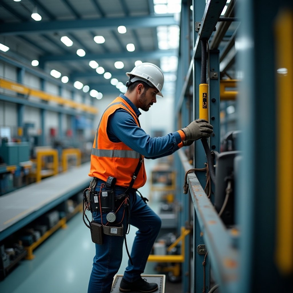 A factory environment where a worker is engaged in a task on height. The worker is wearing bright orange safety gear along with a hard hat, indicating safety first. He stands on a raised platform, demonstrating careful attention to his work. The factory setting is spacious and filled with industrial equipment in the background. The lighting is bright and showcases the modern facilities of the manufacturing plant. This image symbolizes diligence and the importance of safety in the workplace.