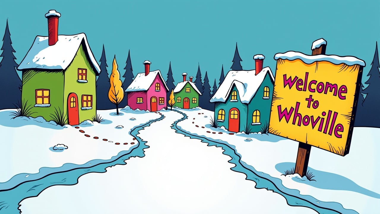 Cartoon style winter village with colorful houses. Whimsical design inspired by Dr. Seuss. Includes a sign saying 'Welcome to Whoville'.