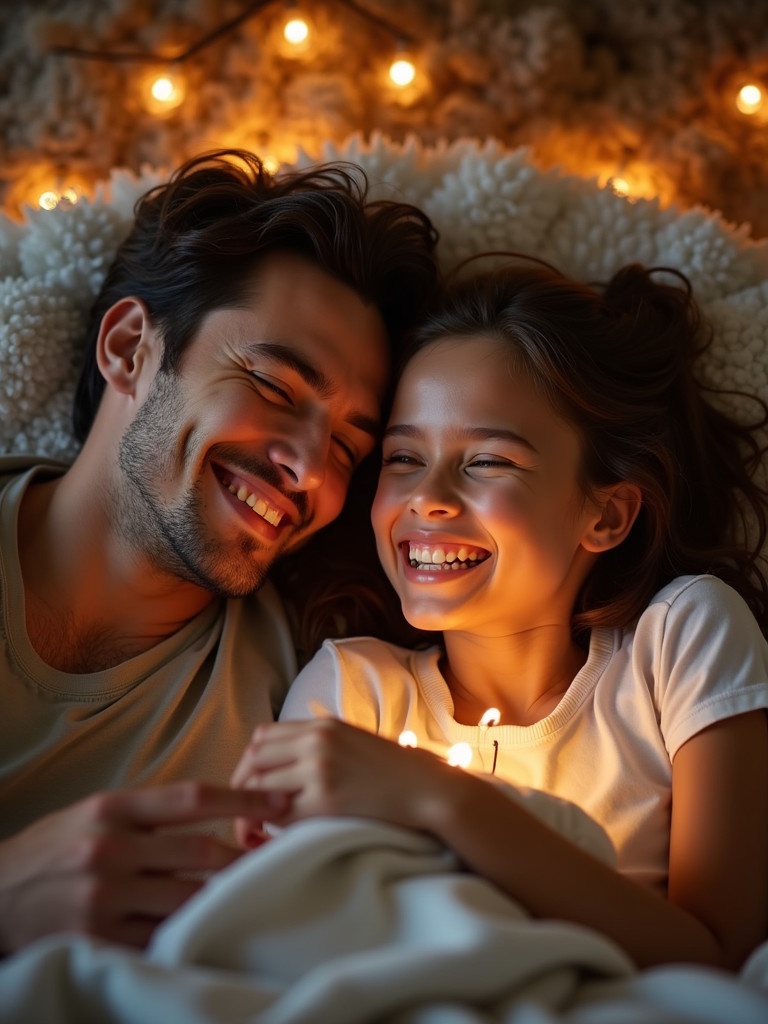 A joyful couple lies close together under soft lighting. They share smiles and warmth. Soft colors envelop them. The atmosphere feels intimate and loving.