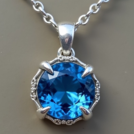 Blue round polished gemstone on a silver chain. Lace-like silver talons wrap around the gem.